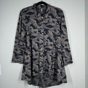 Kleen Button Up Long Sleeve Tunic Top Brown Black Camouflage Oversized Small